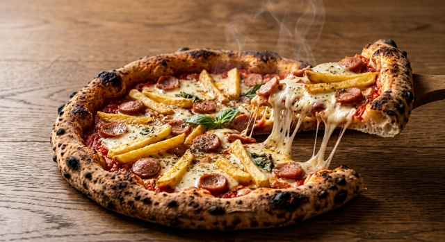 Pizza Didi - Pomodoro del Gargano, mozzarella fiordilatte pugliese, würstel di puro suino, Patatine fritte