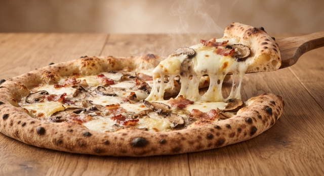 Pizza Invernale - Mozzarella fiordilatte pugliese, provola affumicata, funghi porcini, guanciale croccante