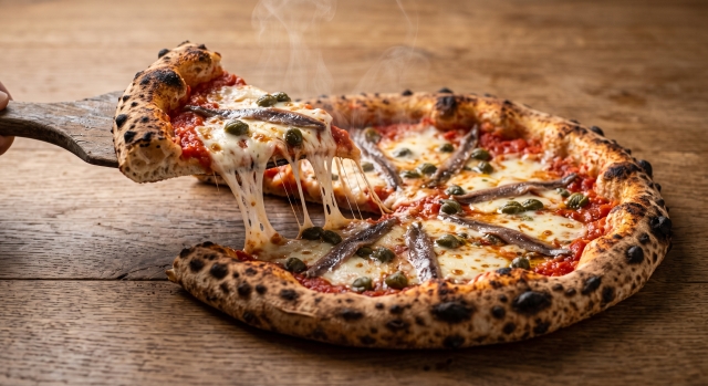 Pizza Napoli - Pomodoro del Gargano, mozzarella fiordilatte pugliese, filetti di alici del Mediterraneo, capperi di Pantelleria IGP, olive nere denocciolate, basilico fresco