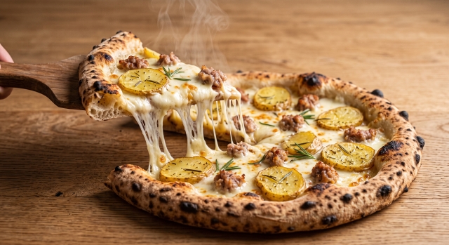 Pizza Popolo - Mozzarella fiordilatte pugliese, patate novelle al forno al rosmarino, salsiccia di Norcia, provola affumicata
