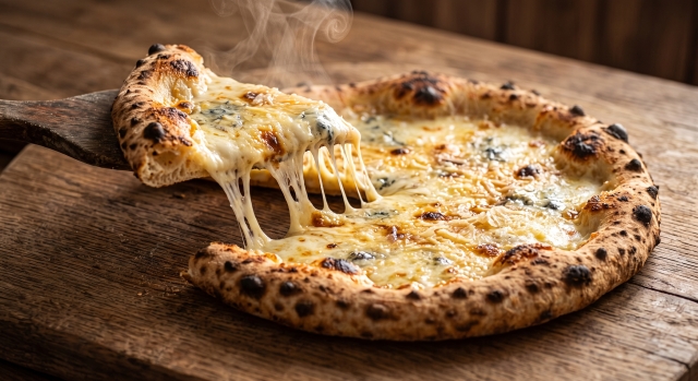 Pizza Quattro Origini - Mozzarella fiordilatte pugliese, gorgonzola DOP, Parmigiano Reggiano 18 mesi, provola affumicata