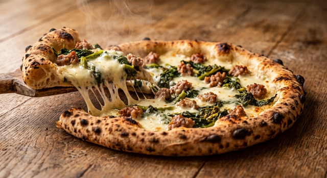 Pizza San Martino - Pomodoro del Gargano, mozzarella fiordilatte pugliese, salsiccia di Norcia, rape nfucate salentine