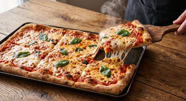 Pizza in teglia - Pomodoro del Gargano, Mozzarella fiordilatte, Basilico